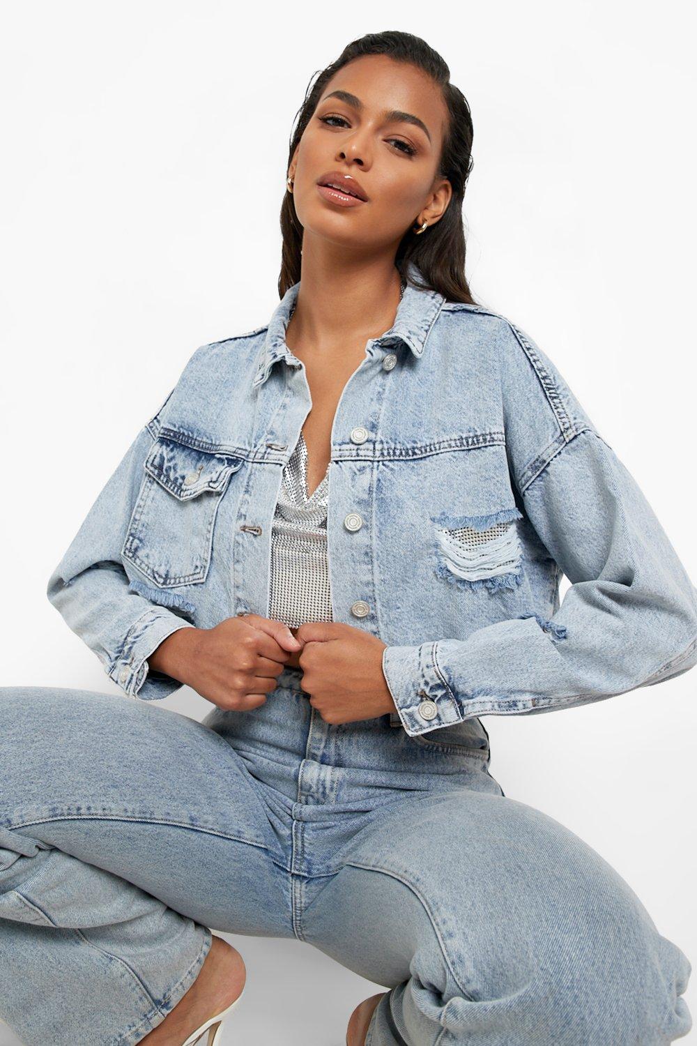 Cropped denim jacket clearance boohoo